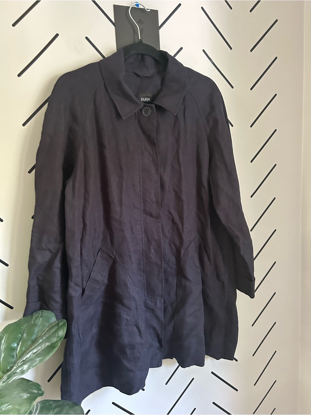 Eileen Fisher Women’s Lagenlook 100% Organic Linen Long Jacket Coastal Navy